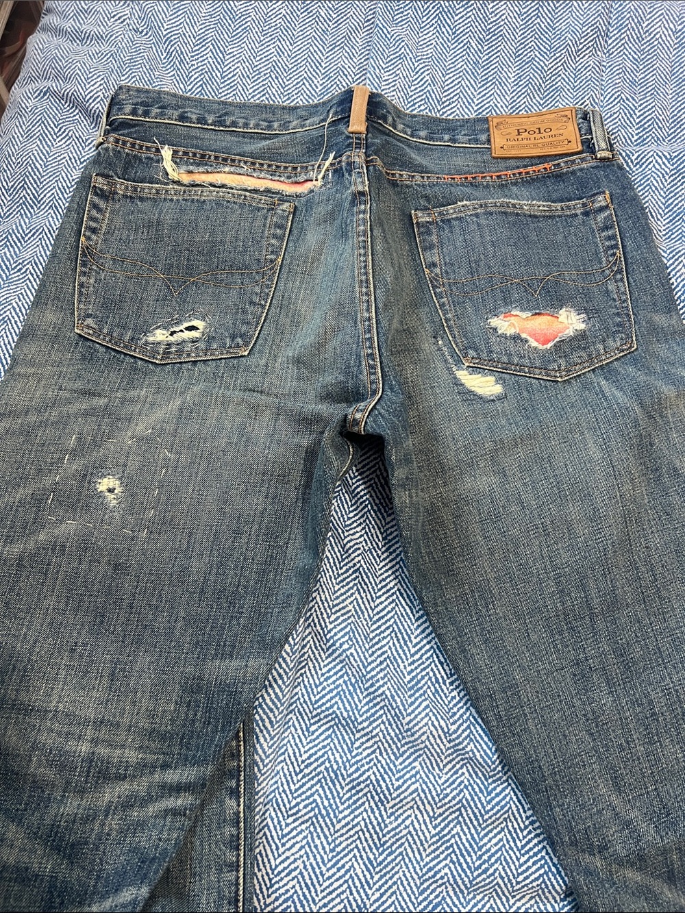 Polo by Ralph Lauren Distressed Blue Jeans with Striped Patchwork - Picture 2 of 5